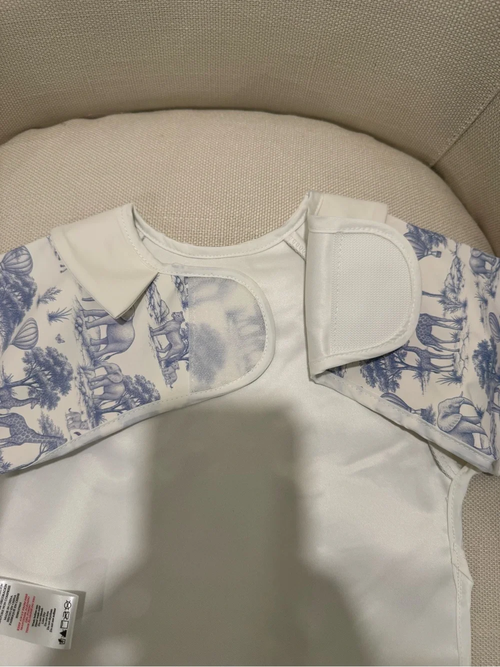 Long-Sleeve Wipeable Baby Bib Smock in Blue Toile Print